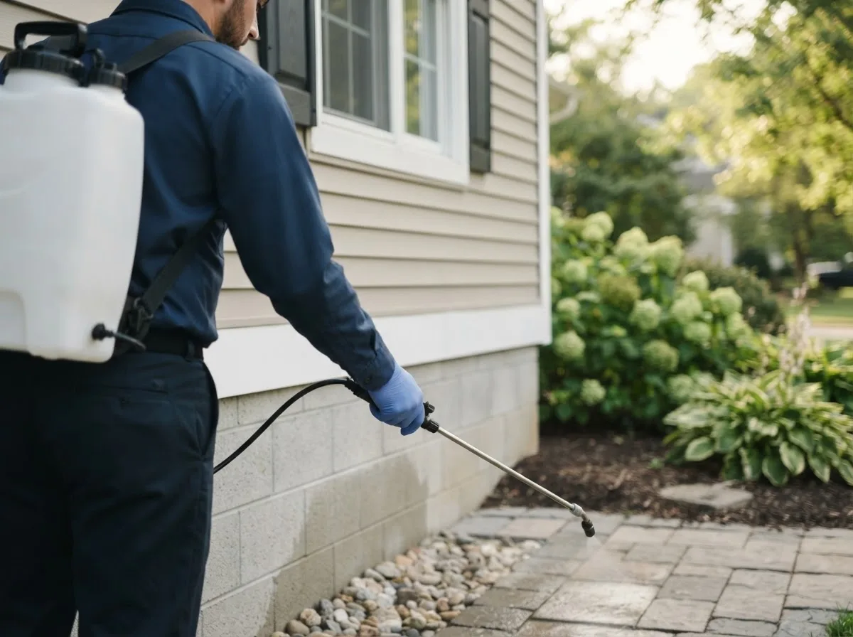 Pest control technician inspecting a home in Forest City, MO